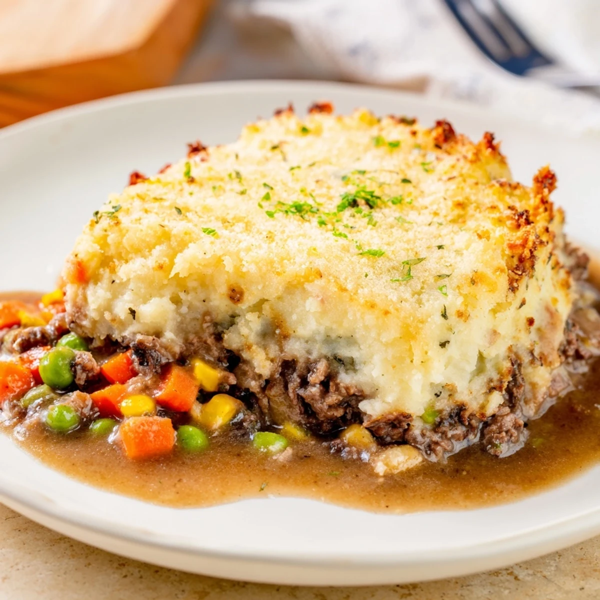 Golden-topped beef shepherd's pie with cauliflower mash, showing rich, bubbling beef filling beneath.