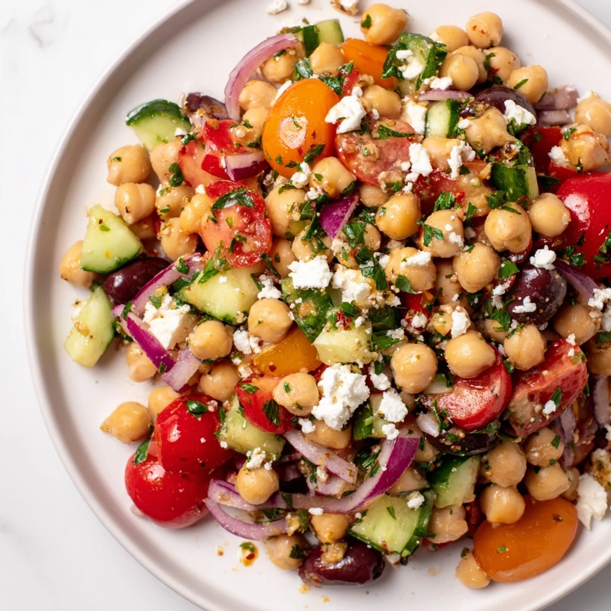 Close-up photo of the finished Mediterranean Chickpea Salad, showcasing colorful ingredients and crumbled feta.