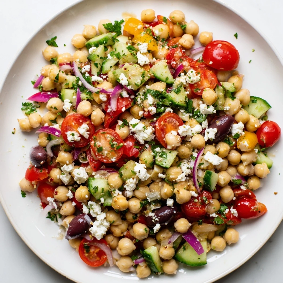 A bowl overflowing with Mediterranean Chickpea Salad, perfect as a vegetarian side; fresh and appetizing!
