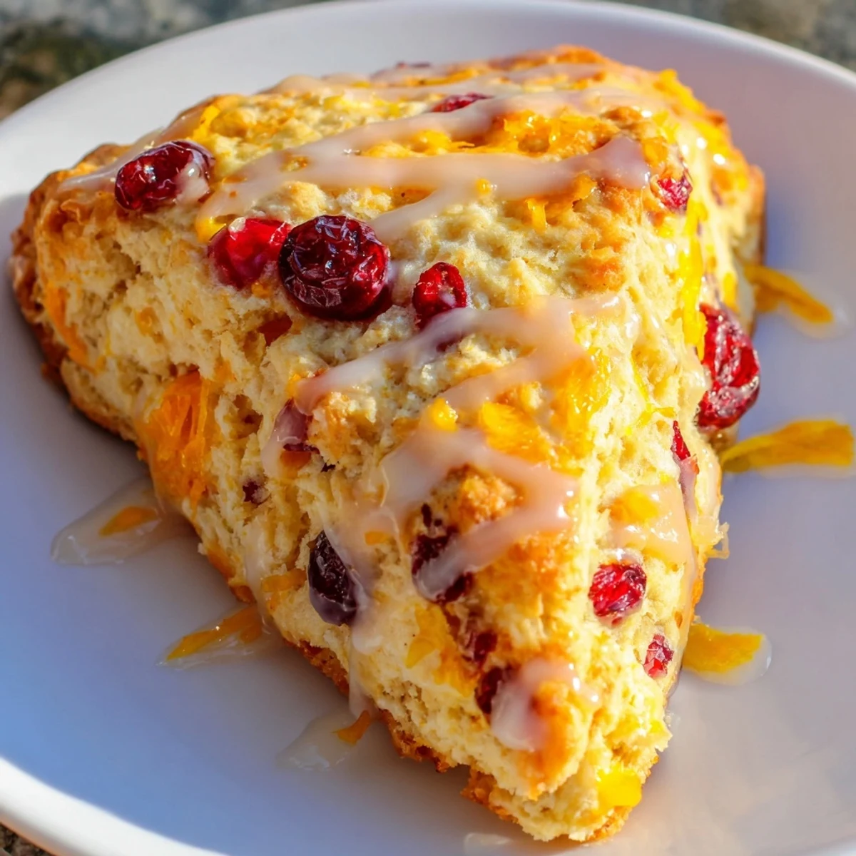 Golden-brown Cranberry Orange Scones with a sweet, citrus glaze are perfect for a festive brunch.