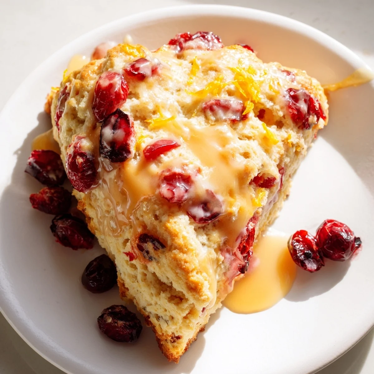Soft, crumbly Cranberry Orange Scones with visible ruby cranberries sit ready to be glazed for enjoyment.