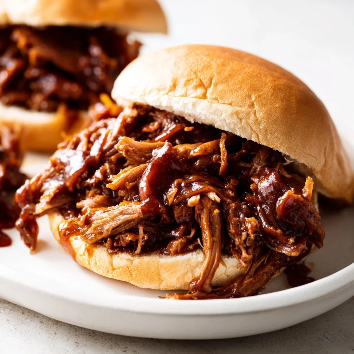A close-up of tender, juicy slow cooker pulled beef sandwiches, ready to devour with coleslaw.