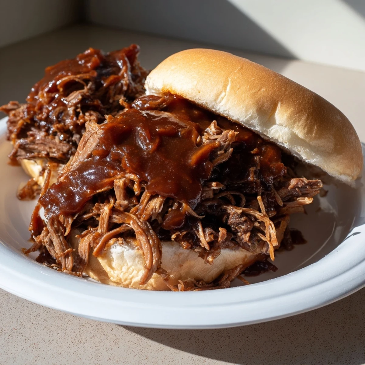 Delicious slow cooker pulled beef sandwiches piled high, with a savory barbecue sauce slathered all over.