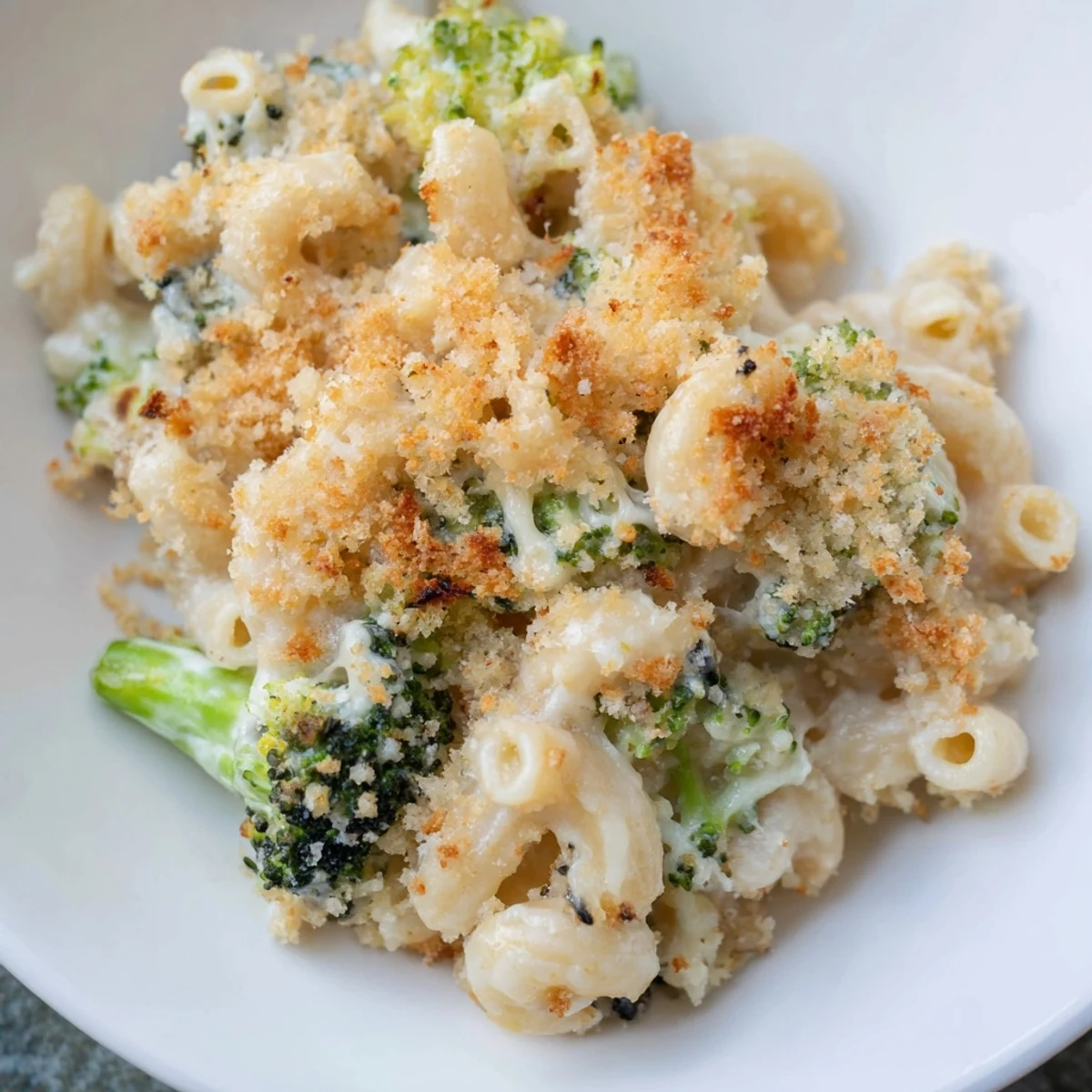 Golden-brown baked macaroni and cheese with broccoli, bubbling hot, ready for serving tonight.