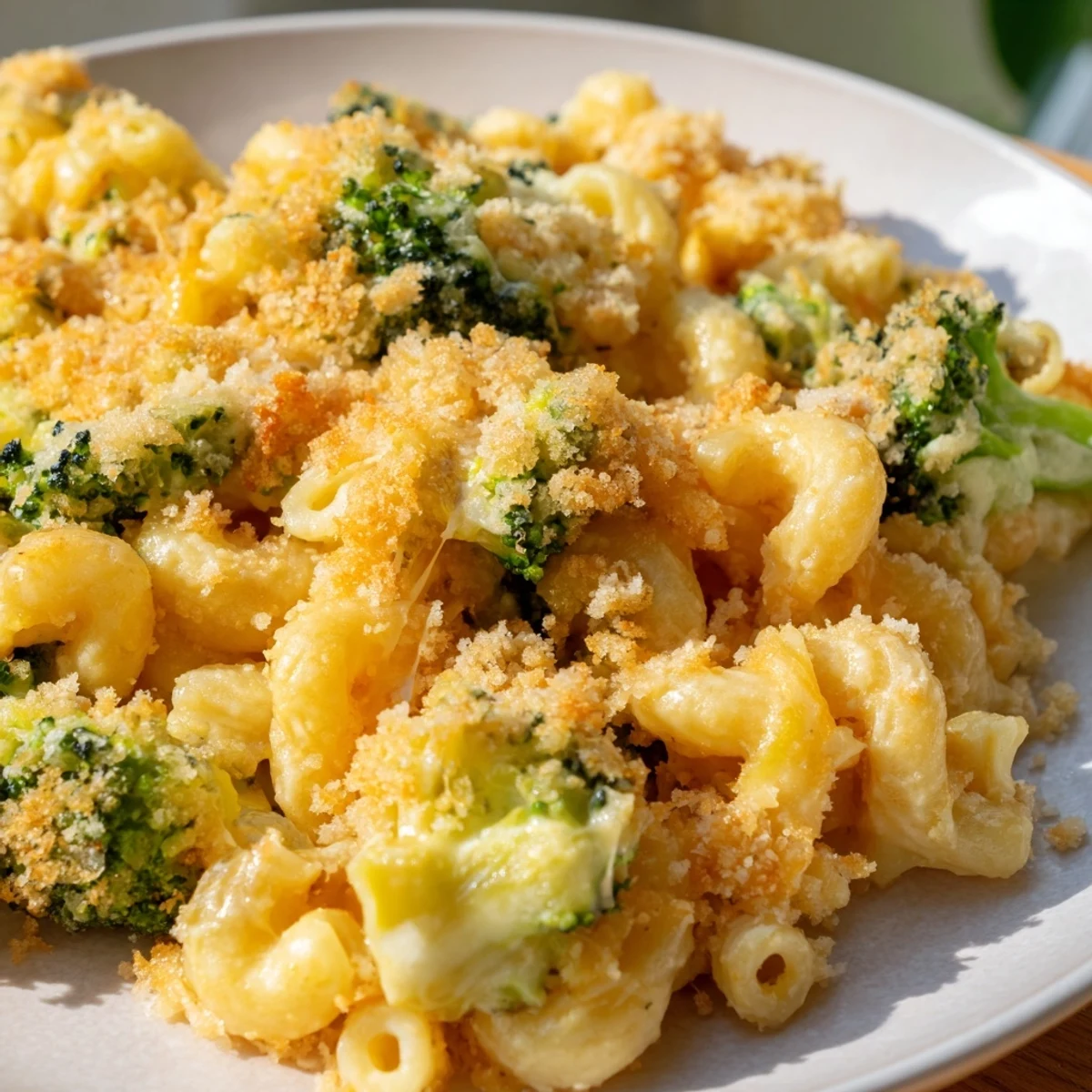 Homemade baked macaroni and cheese with broccoli, topped with crispy breadcrumbs and Parmesan cheese.