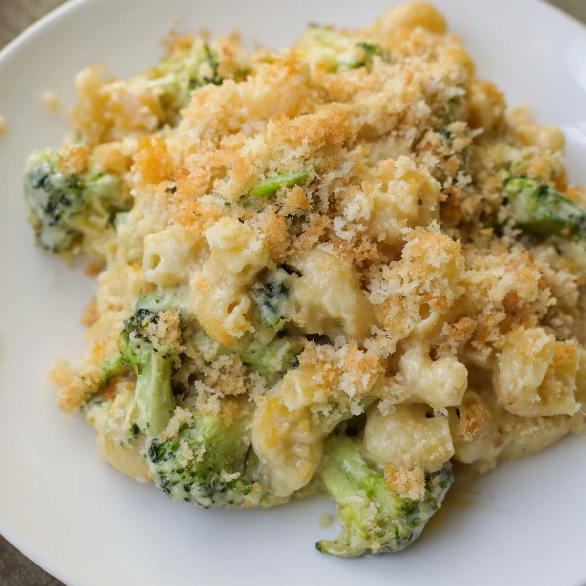 A close-up of cheesy, creamy baked macaroni and cheese with broccoli, perfect comfort food.