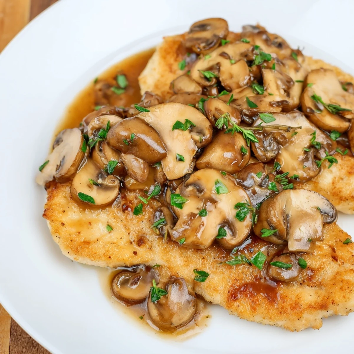 Golden-brown Chicken Marsala with mushrooms in a rich, flavorful sauce, ready to serve with parsley.