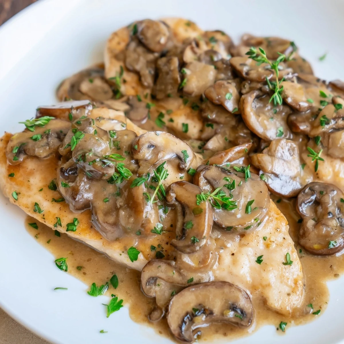 Tender Chicken Marsala with mushrooms in a savory, alcohol-free sauce, perfect for a weeknight dinner.