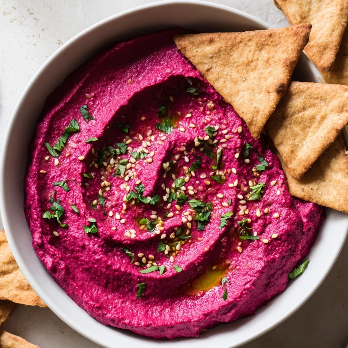Creamy, vibrant Roasted Beet Hummus, swirled with olive oil, ready for dipping with warm pita chips.