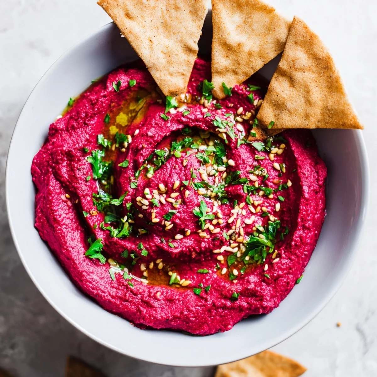 Homemade pita chips alongside a bowl of rich, earthy Roasted Beet Hummus, a healthy and delicious appetizer.
