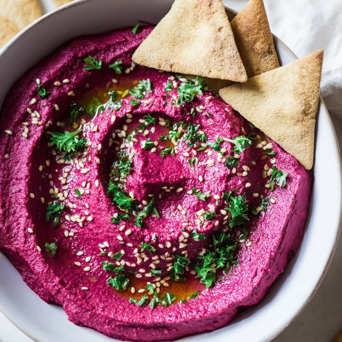 Enjoy the bright pink color of this flavorful Roasted Beet Hummus, speckled with sesame seeds and parsley.