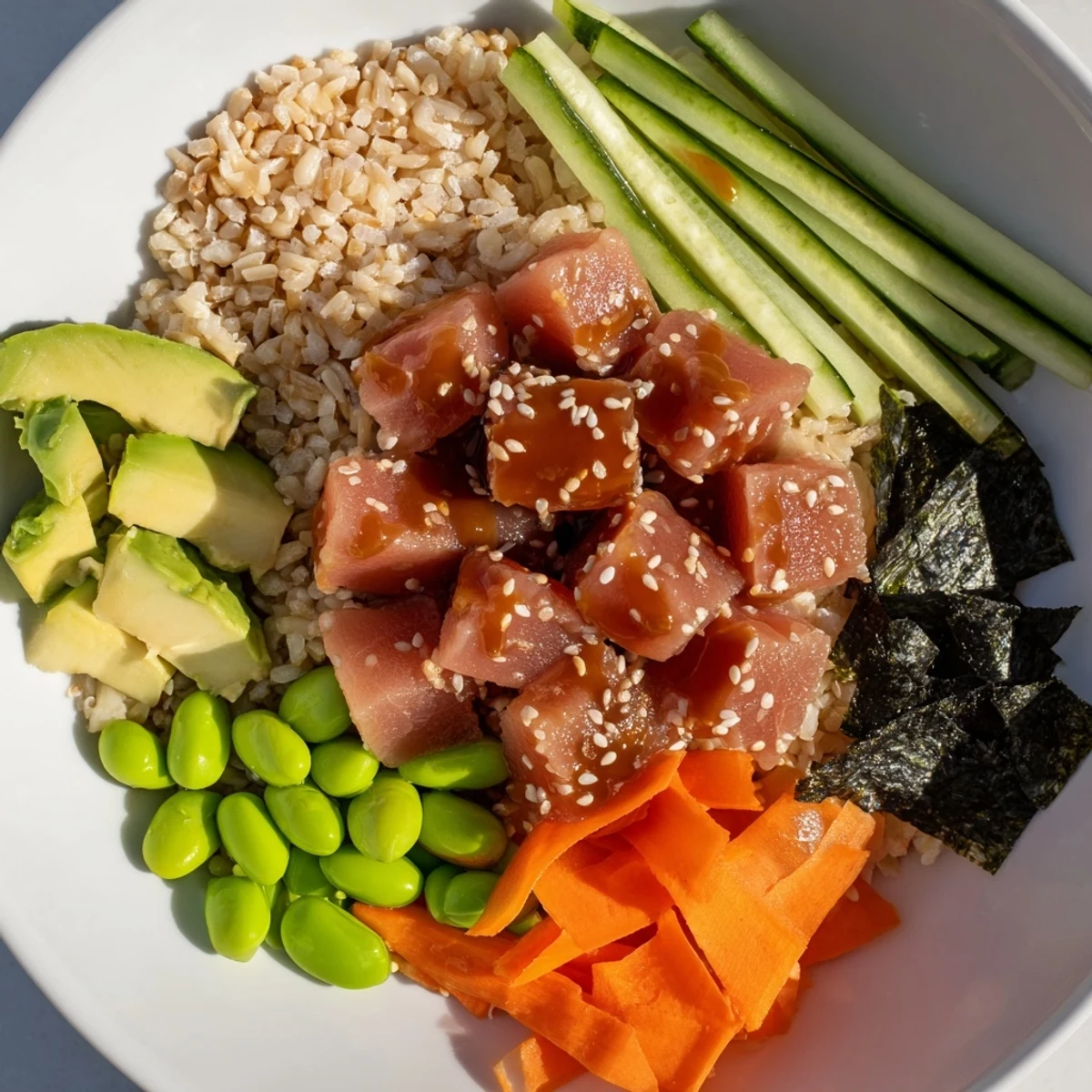 Vibrant Spicy Tuna Poke Bowl with avocado, showcasing glistening tuna cubes atop fluffy rice with colorful toppings.