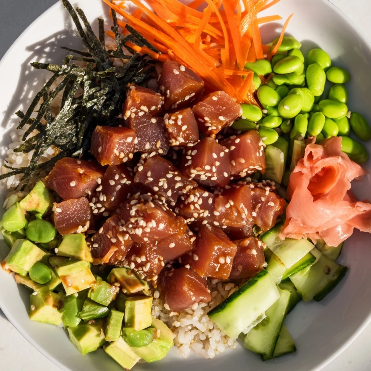 Fresh-looking Spicy Tuna Poke Bowl, featuring creamy avocado, crunchy carrots and sesame seeds with a spicy sauce.