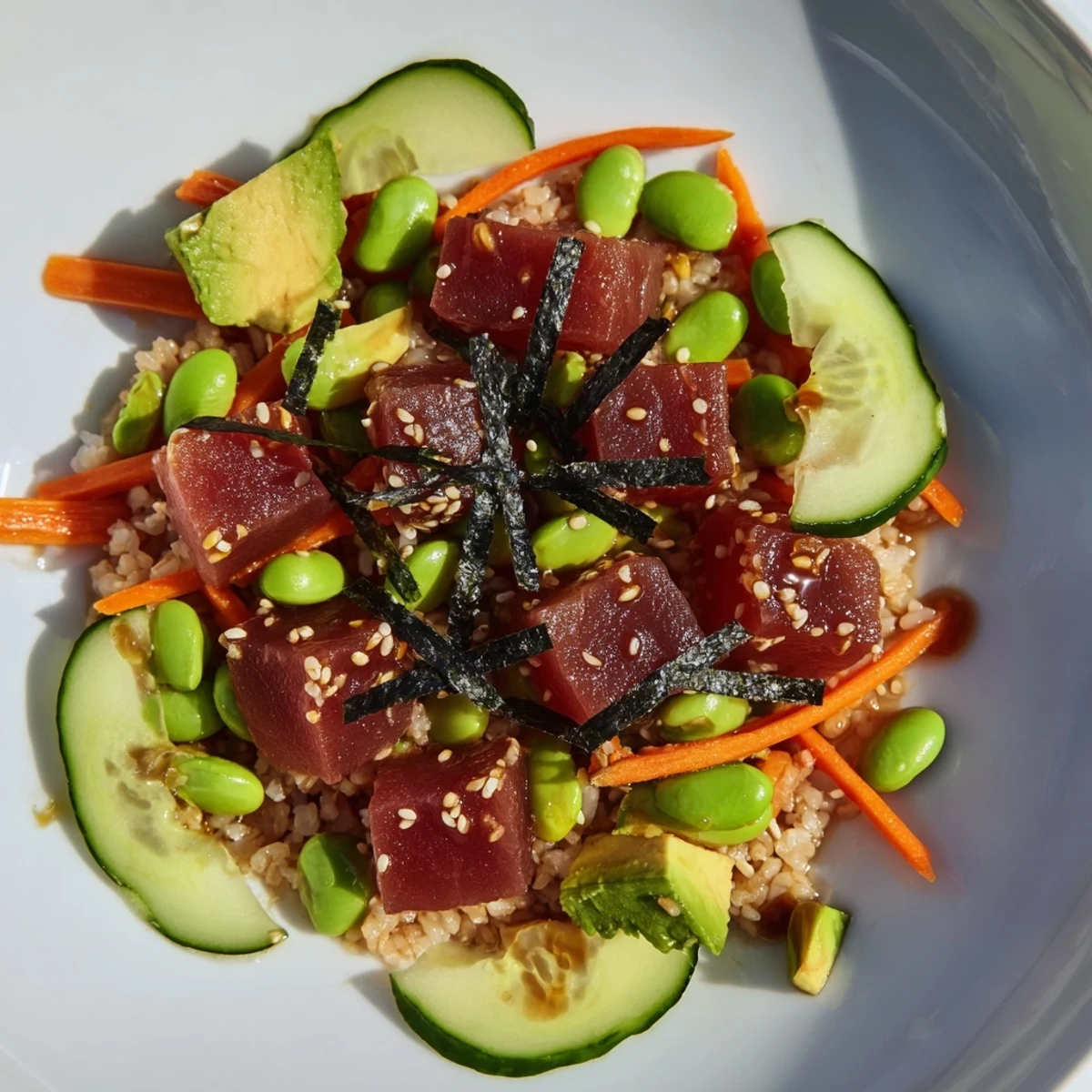 A visually appealing Spicy Tuna Poke Bowl—tender tuna over rice, dressed with avocado, ready to enjoy.