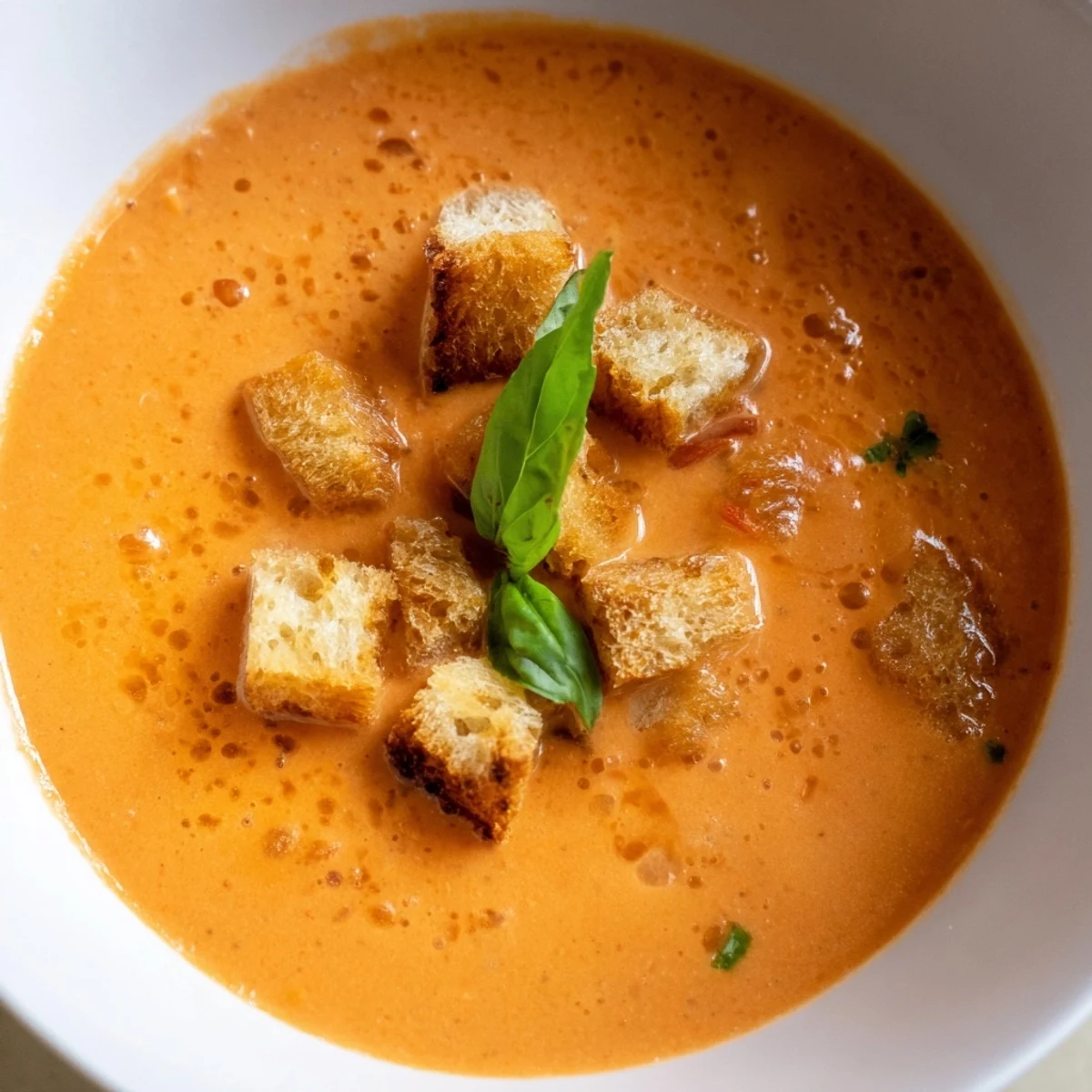 Close-up of a velvety Creamy Tomato Basil Bisque, garnished with fresh basil, ready to enjoy.