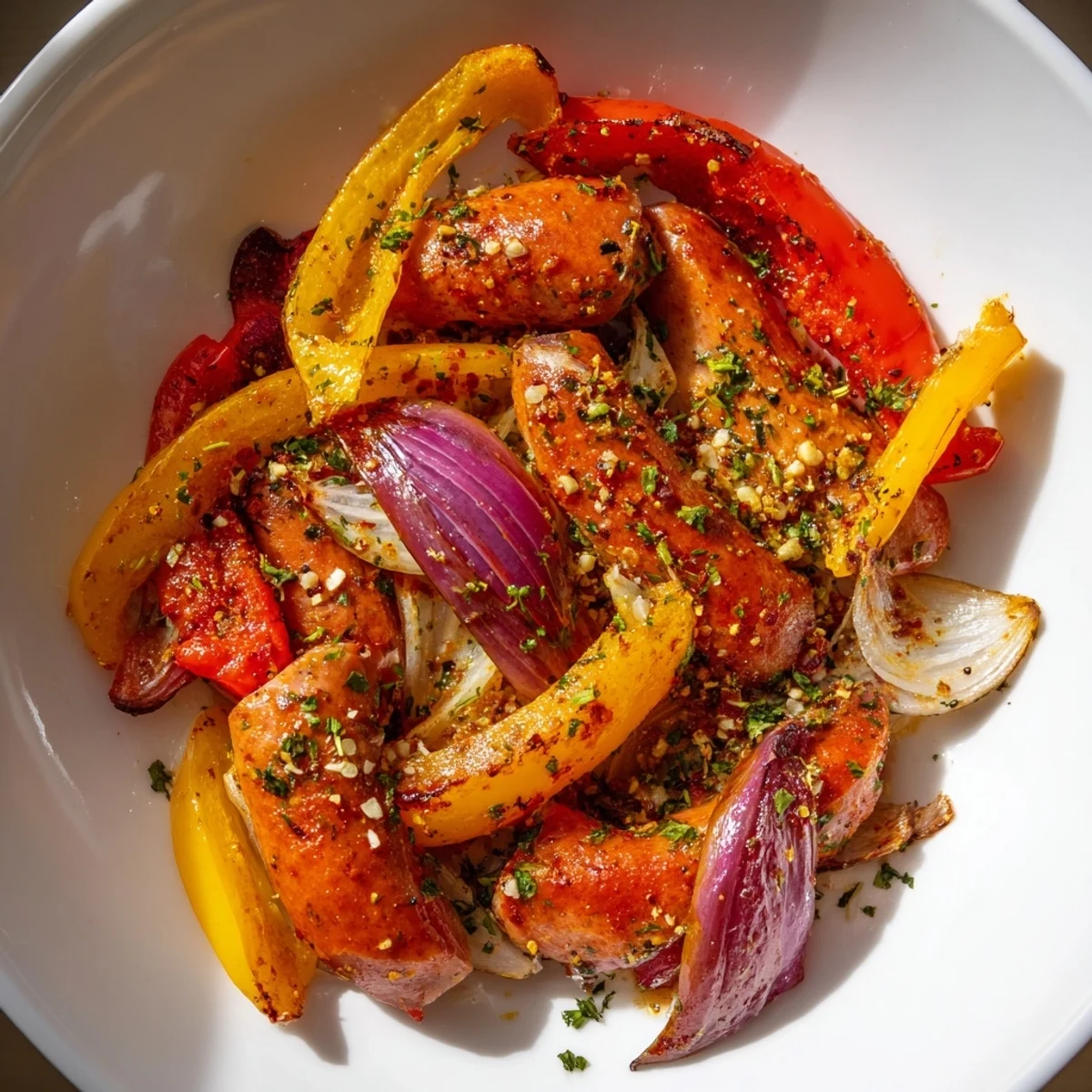 Tender Sheet Pan Sausage and Peppers, a one-pan meal, ready to serve with fresh parsley.