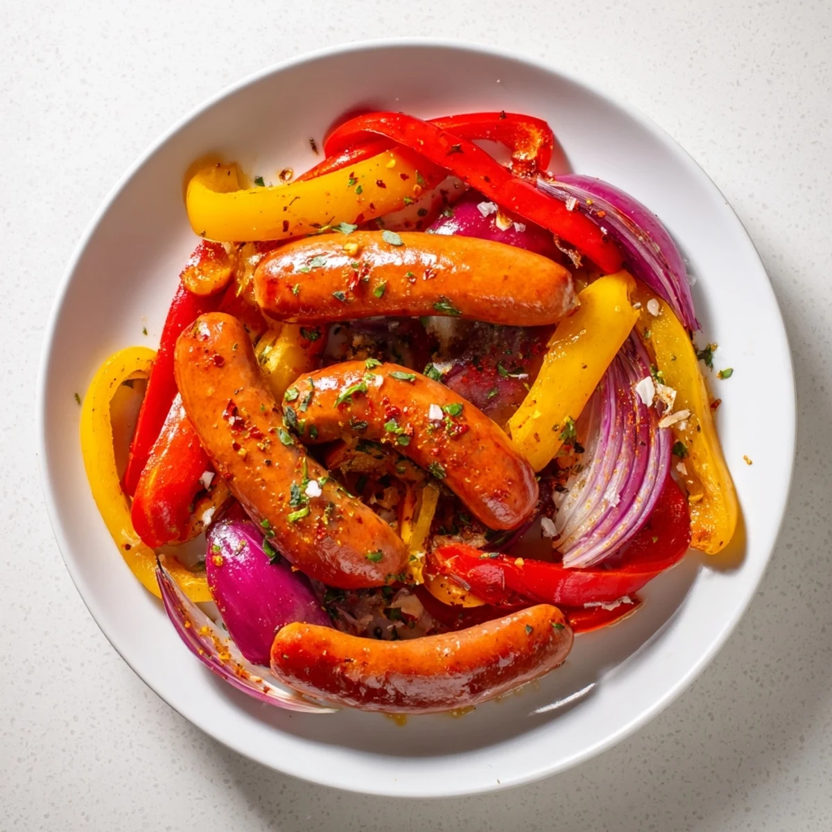 Golden Sheet Pan Sausage and Peppers with sizzling roasted vegetables looking delicious.