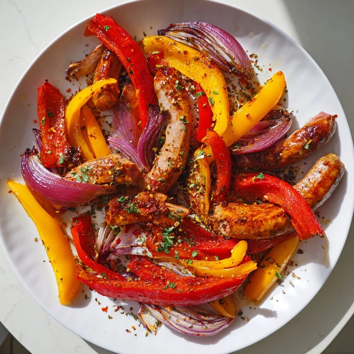 Aromatic Sheet Pan Sausage and Peppers, with juicy sausages and caramelized peppers and onions.