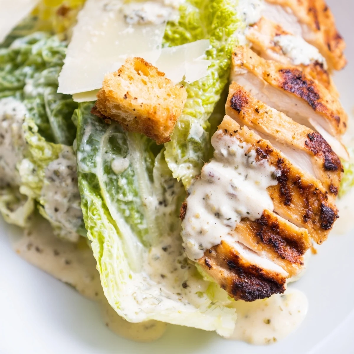 Juicy grilled chicken slices and homemade garlic croutons top a bowl of crisp romaine for this Chicken Caesar Salad.