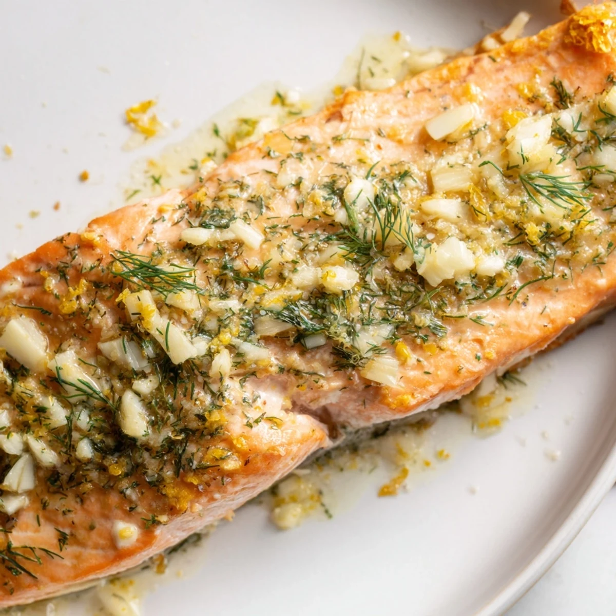 Freshly baked Baked Salmon with Dill and Lemon Butter Sauce flaking easily with a fork on a white plate.