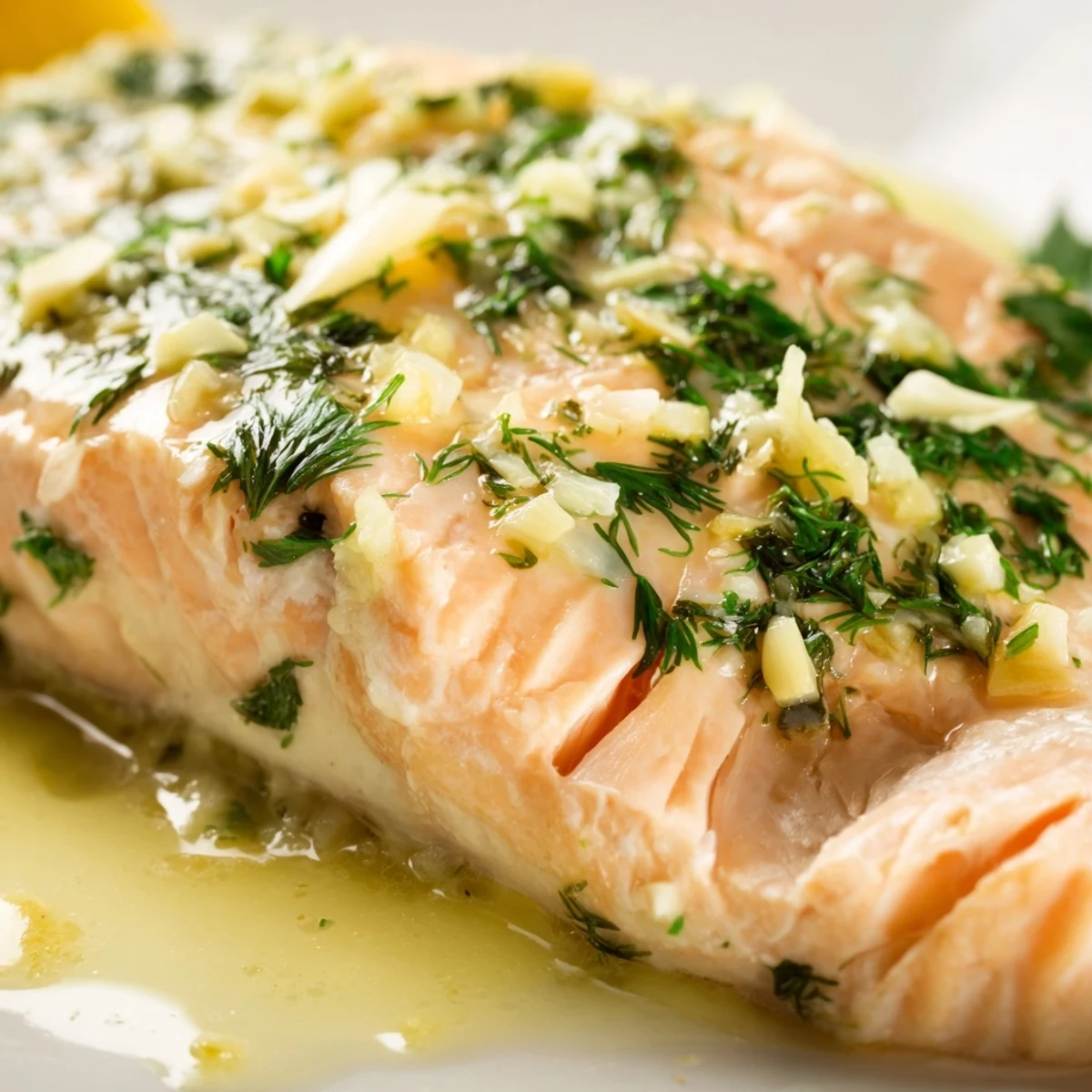 Golden, herb-crusted Baked Salmon with Dill and Lemon Butter Sauce topped with lemon slices and fresh dill sprigs.