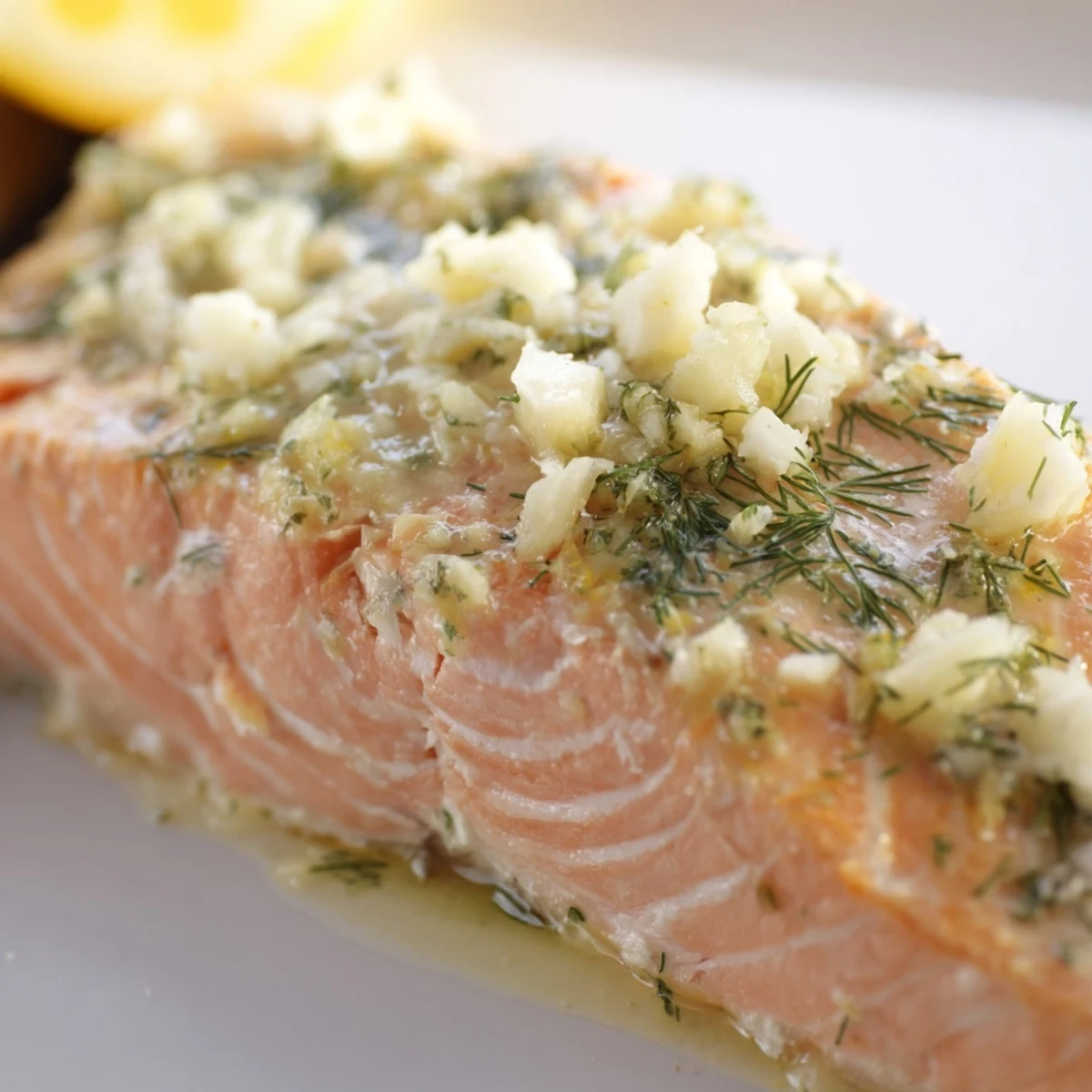 Serve this Baked Salmon with Dill and Lemon Butter Sauce over roasted potatoes and steamed asparagus for dinner.