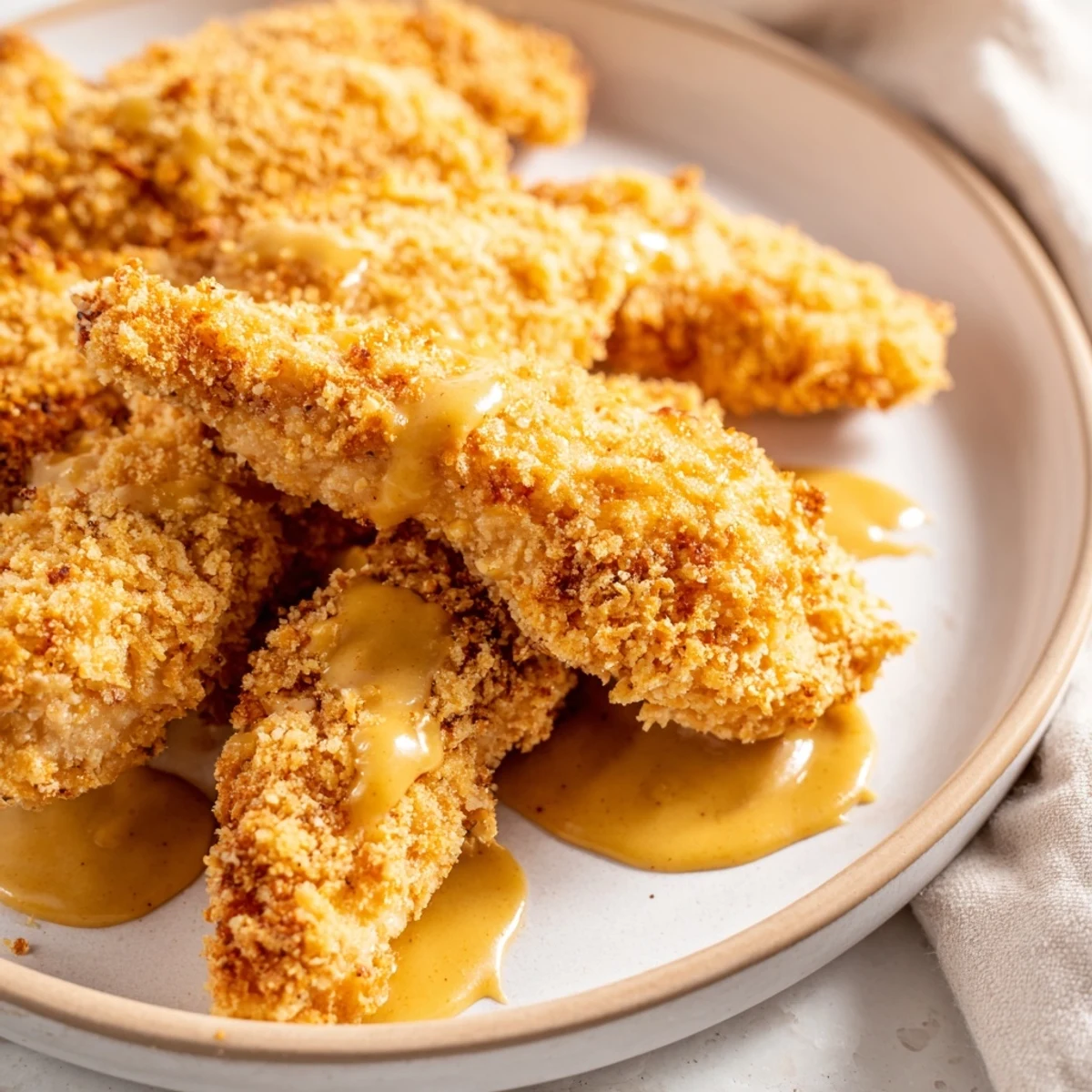 Golden-baked Crispy Baked Chicken Tenders with Honey Mustard resting on a wire rack, glistening with olive oil and spices.