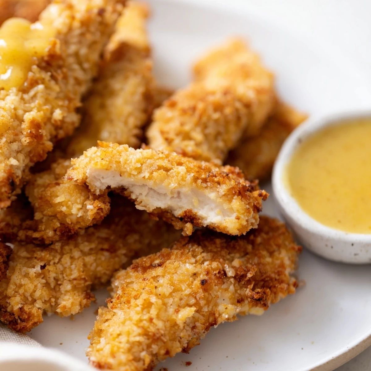 Plate of Crispy Baked Chicken Tenders with Honey Mustard served next to a small white ramekin of dipping sauce.