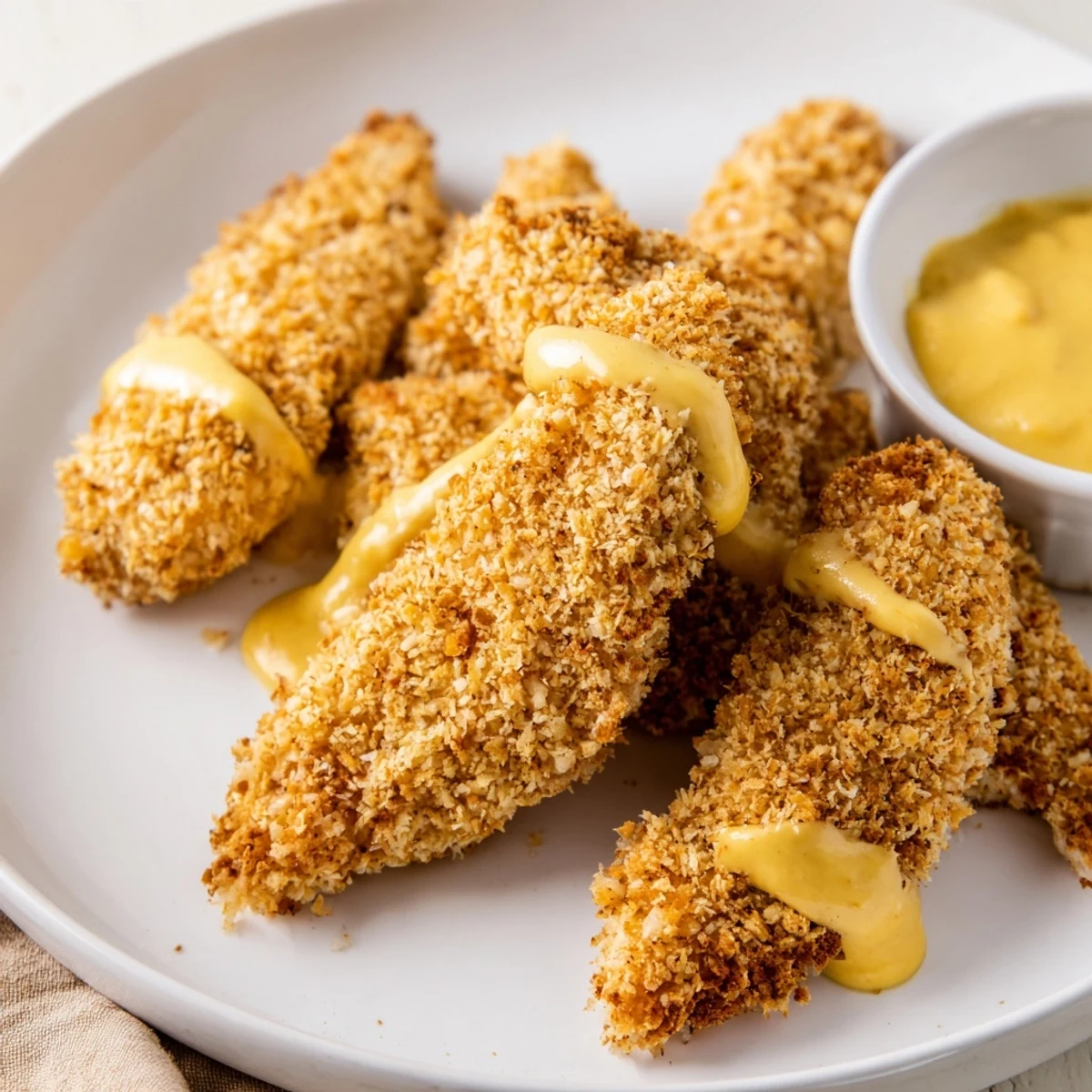 Close-up view of Crispy Baked Chicken Tenders with Honey Mustard showcasing the crunchy panko crust and juicy chicken interior.