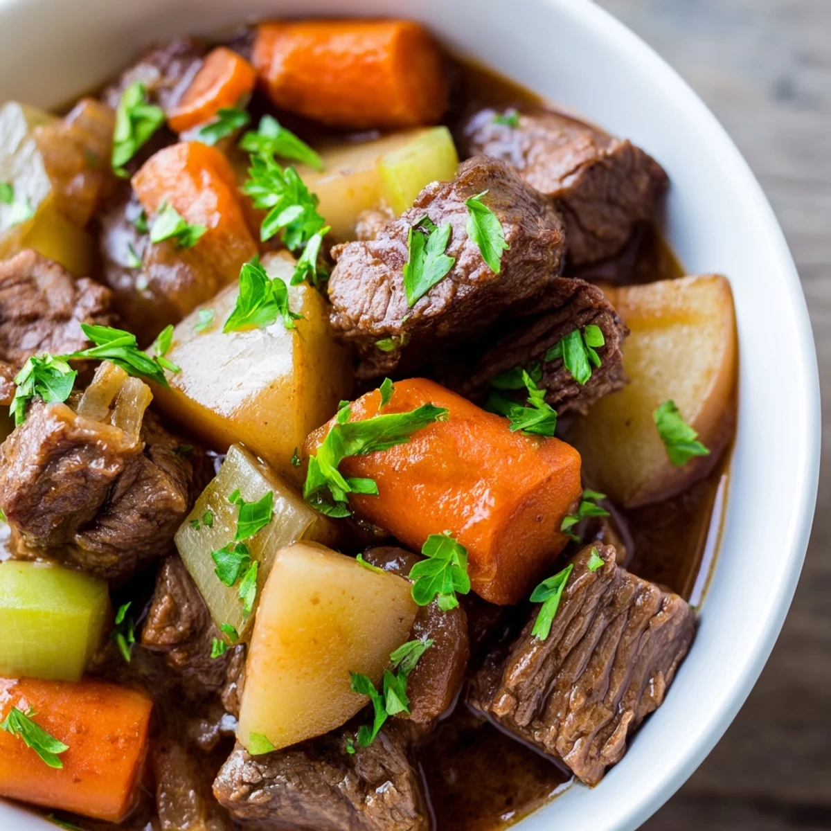 Slow cooker beef stew with carrots and potatoes steams in a ceramic pot, garnished with fresh parsley and served beside crusty bread.