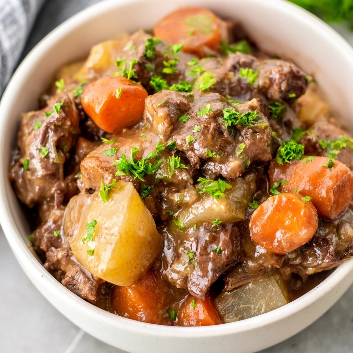 Tender chunks of beef, soft potatoes, and sweet carrots swim in a thick, savory broth inside a bubbling slow cooker.