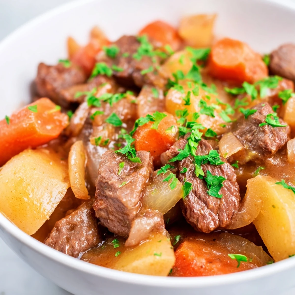 A rustic bowl of slow cooker beef stew with carrots and potatoes is paired with a buttered dinner roll and fresh herbs.
