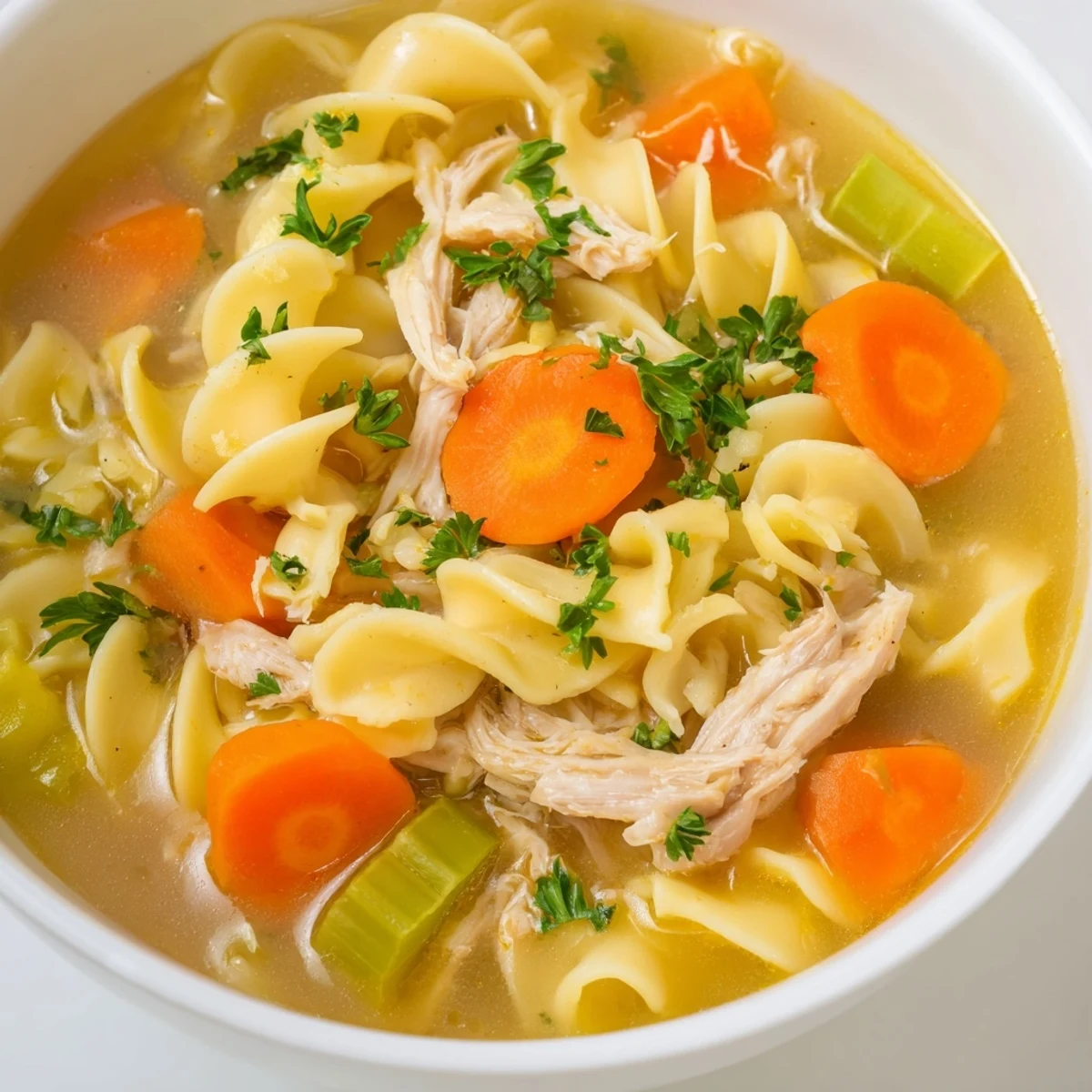 Warm Chicken Noodle Soup with Egg Noodles in a rustic bowl garnished with fresh parsley.