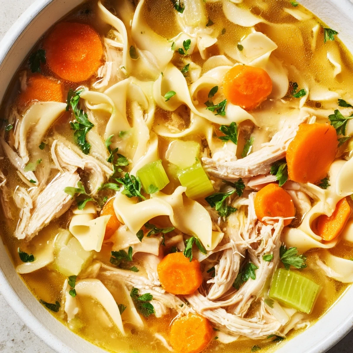 A hearty bowl of Chicken Noodle Soup with Egg Noodles featuring tender chicken and carrots.