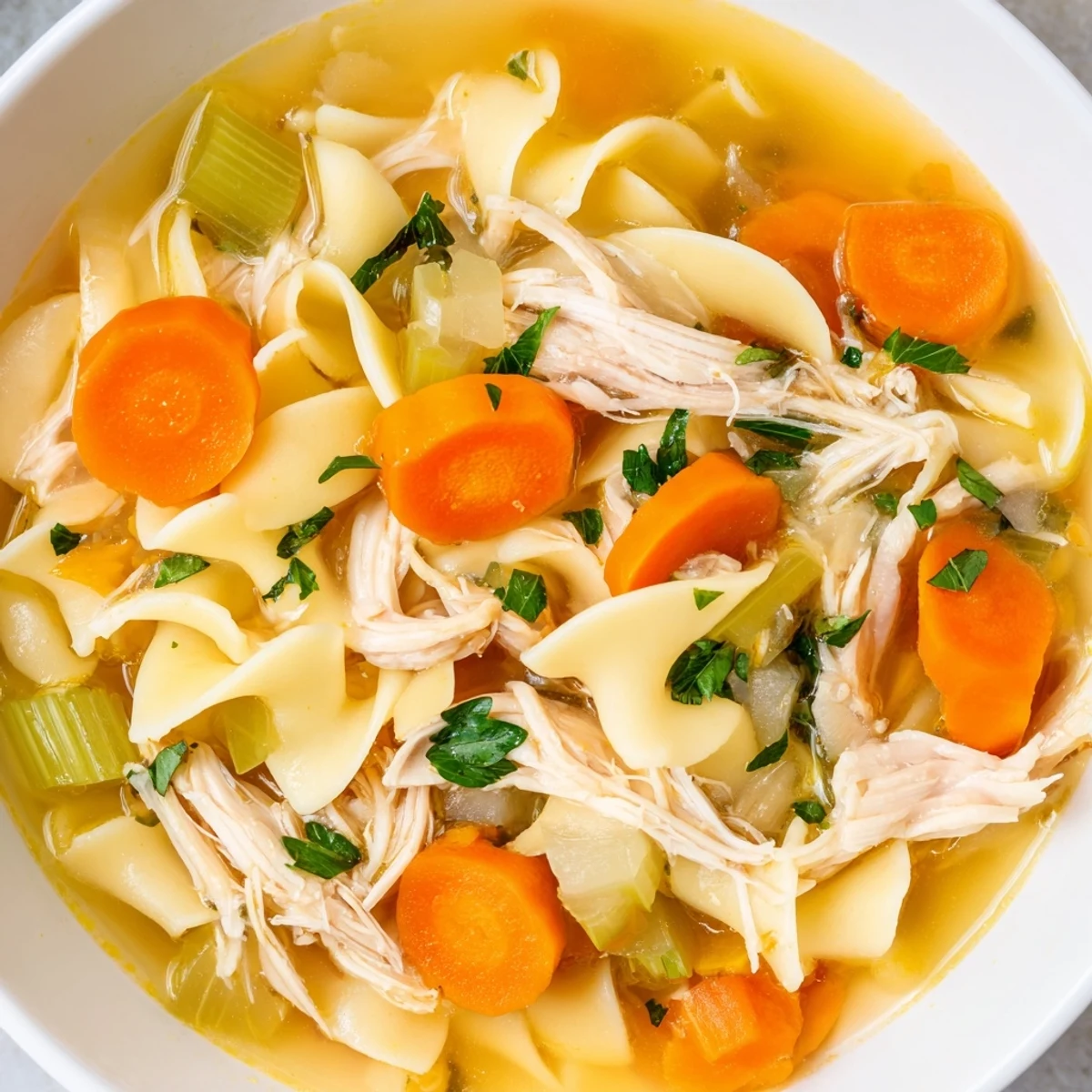 Comforting Chicken Noodle Soup with Egg Noodles served steaming hot from a Dutch oven.