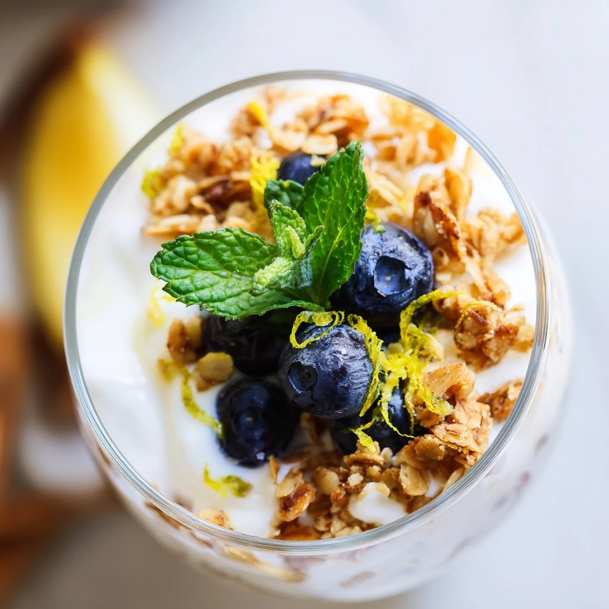 A single serving of Lemon Blueberry Yogurt Parfait topped with extra lemon zest and a mint leaf.