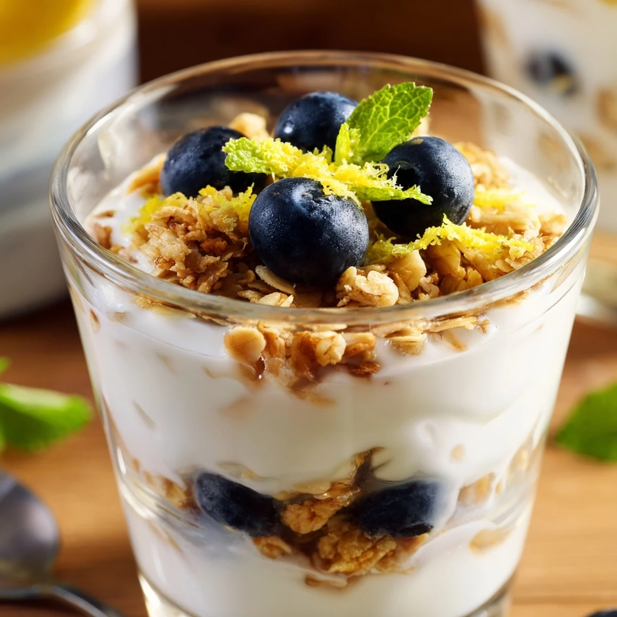 Close-up of a refreshing Lemon Blueberry Yogurt Parfait, highlighting the creamy yogurt and juicy blueberry layers.