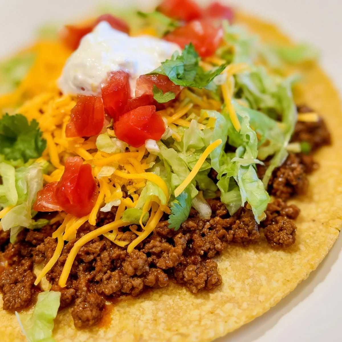 Juicy, flavorful beef filling is spooned into corn tortillas, garnished with diced tomatoes, sour cream, and fresh cilantro.