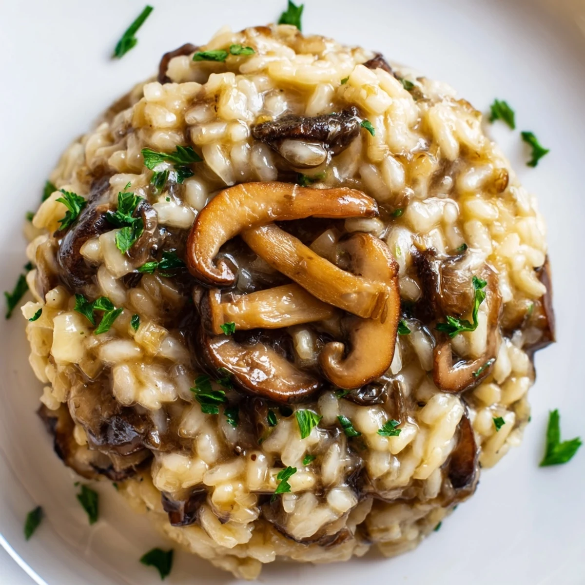 Creamy Mushroom Risotto with Truffle Oil drizzled over a warm bowl, topped with fresh parsley and served alongside a glass of white wine.