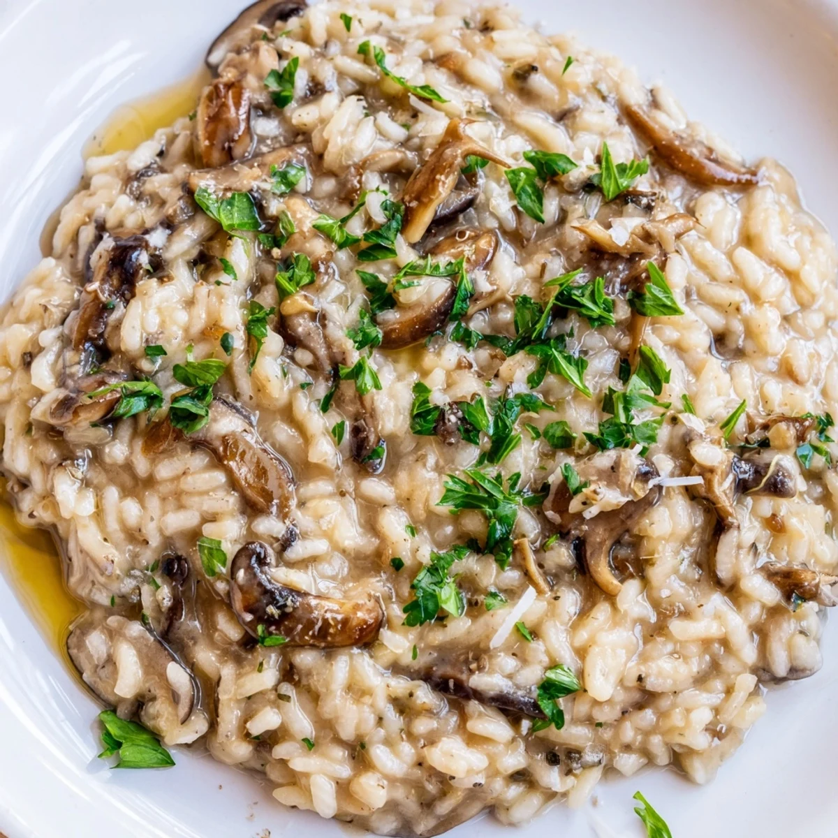 Close-up of golden, al dente Mushroom Risotto with Truffle Oil, featuring sautéed mushrooms and melted Parmesan in a rustic ceramic bowl.