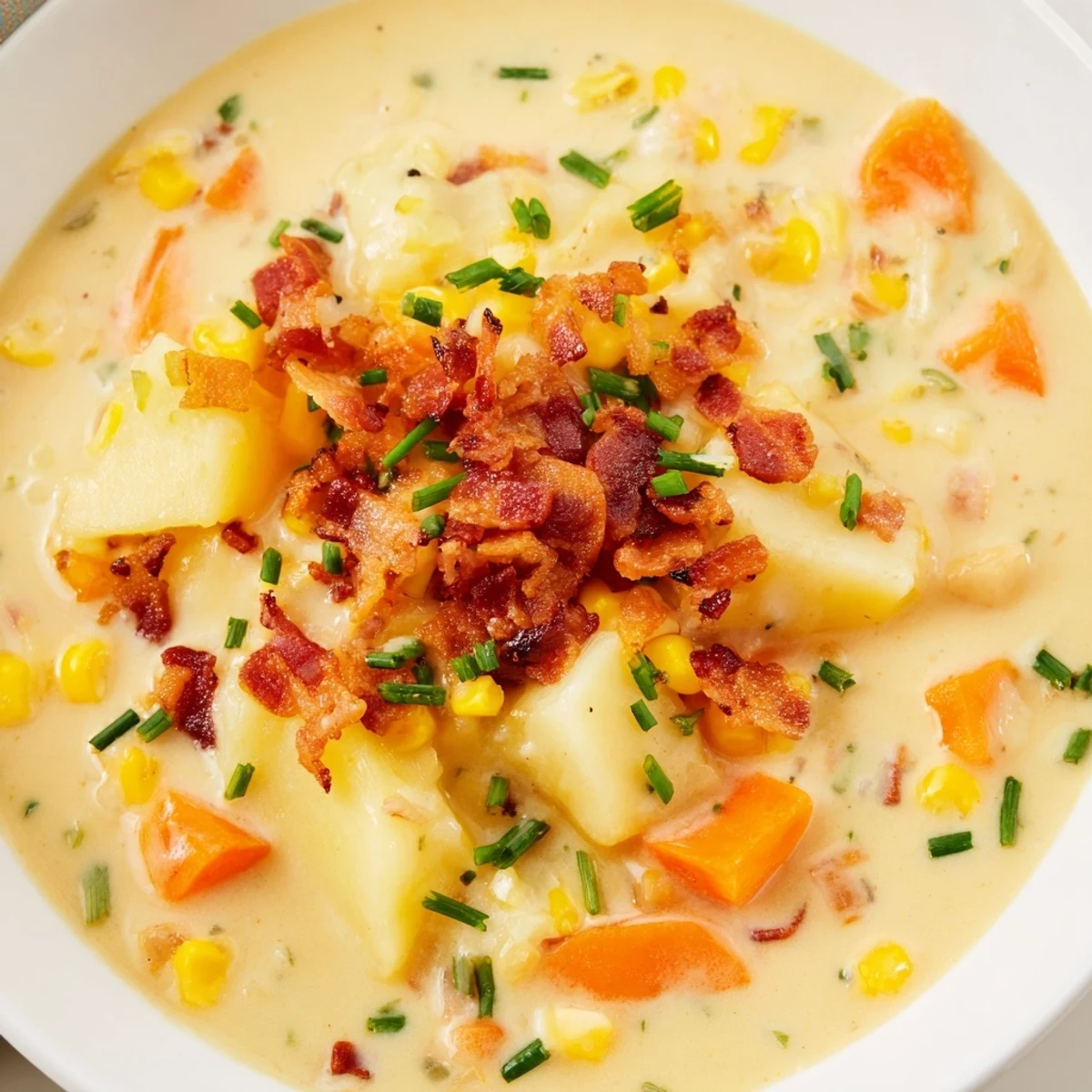 Velvety Creamy Corn Chowder with Turkey Bacon Bits in a white bowl, ladle resting beside it.