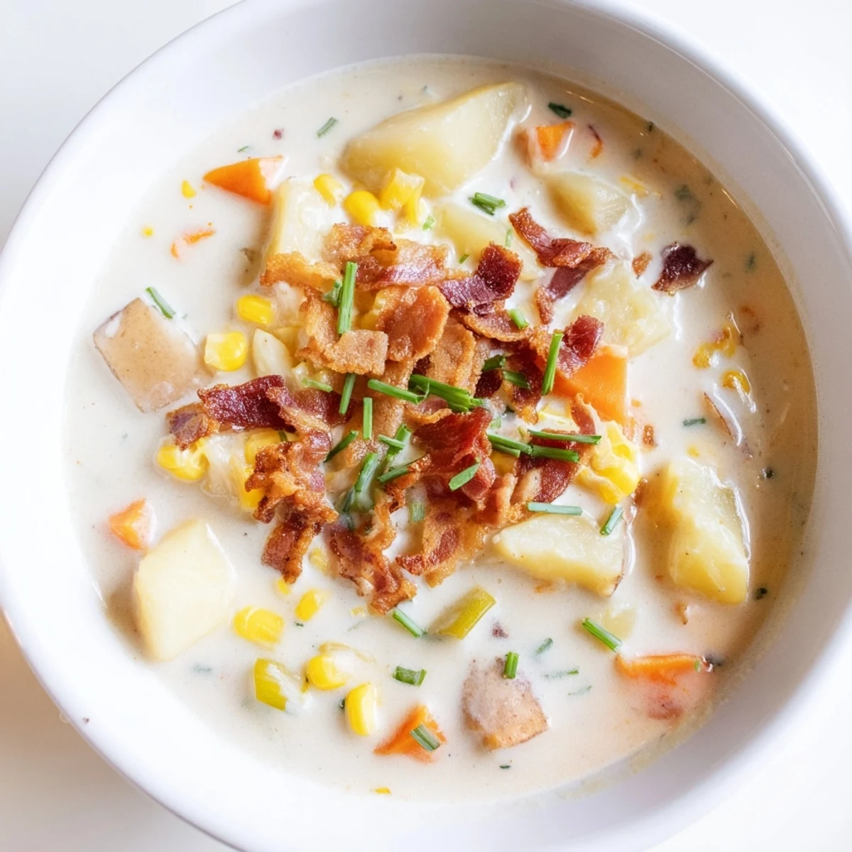 A rustic bowl of Creamy Corn Chowder with Turkey Bacon Bits, bacon garnish and crusty bread alongside.