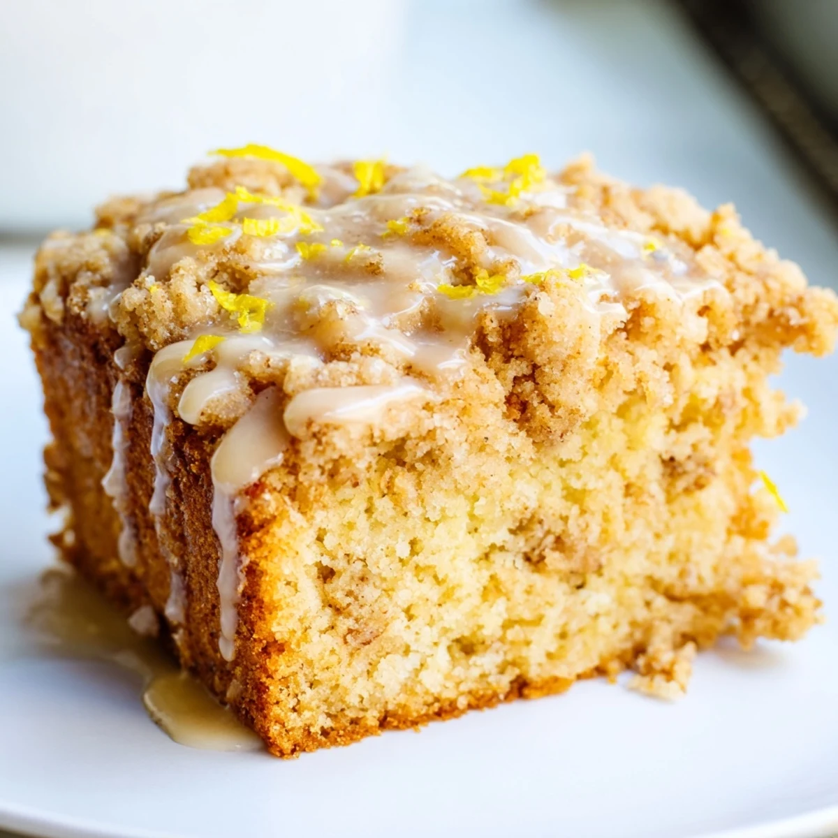Freshly baked Lemon Coffee Cake with Crumble reveals a golden, buttery streusel topping on a moist slice served on a white plate.