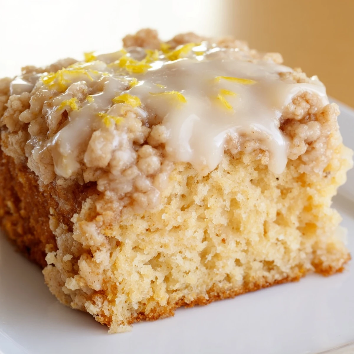 Warm slice of Lemon Coffee Cake with Crumble showcasing tender crumb and generous streusel, ready to be enjoyed with a hot cup of coffee.
