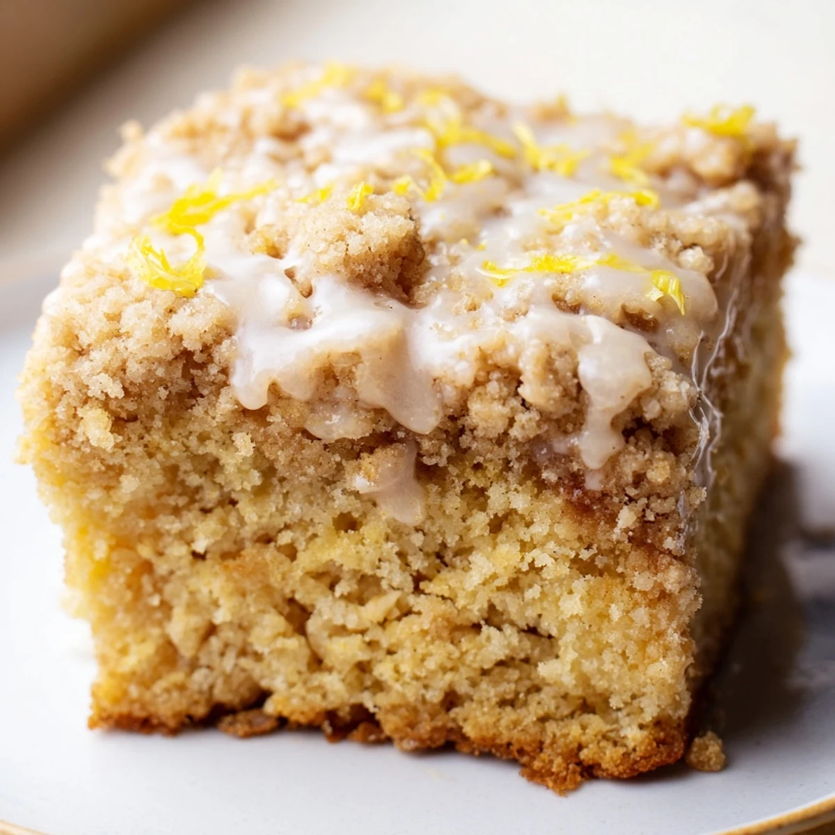 A close-up of Lemon Coffee Cake with Crumble highlighting zesty lemon glaze dripping down the sides and crunchy topping over soft cake.