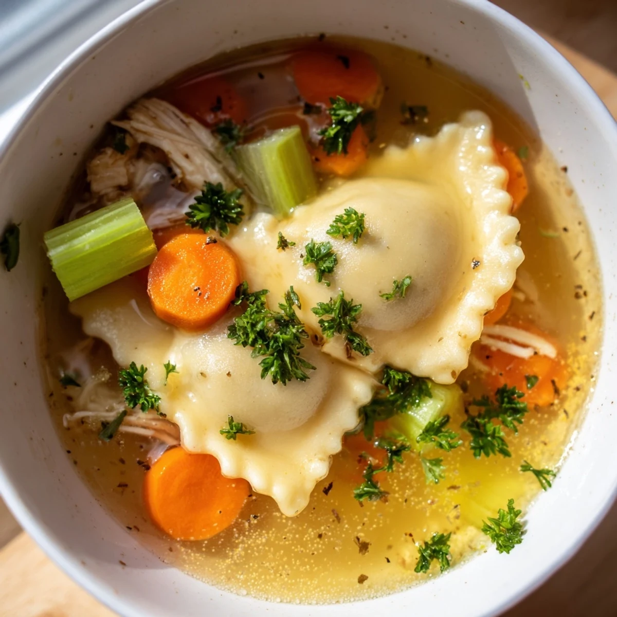 Steaming bowl of Chicken Soup with Dumplings, featuring tender shredded chicken, carrots, and celery in a rich golden broth.