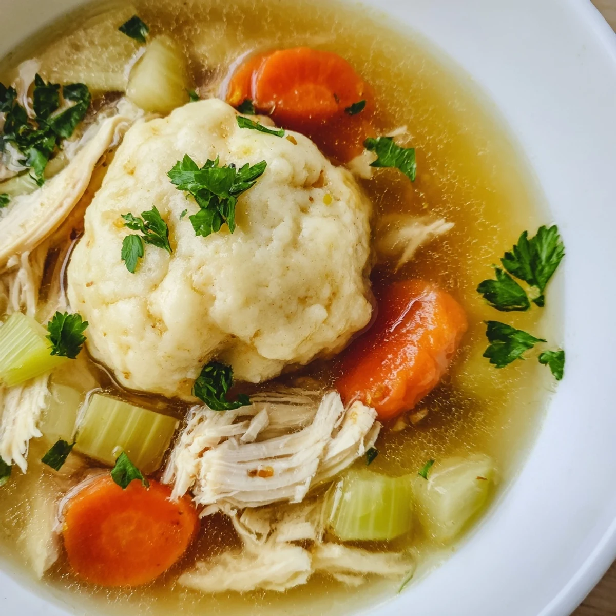 A close-up view of fluffy homemade dumplings perched atop a hearty Chicken Soup with Dumplings, garnished with fresh parsley.