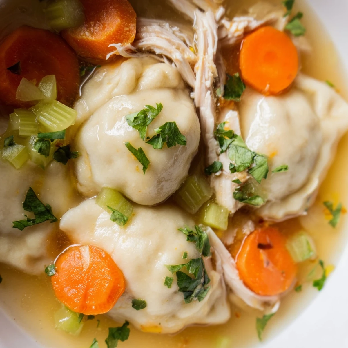 Serving of Chicken Soup with Dumplings in a rustic bowl, featuring a savory broth, vegetables, and soft dumplings ready to eat.
