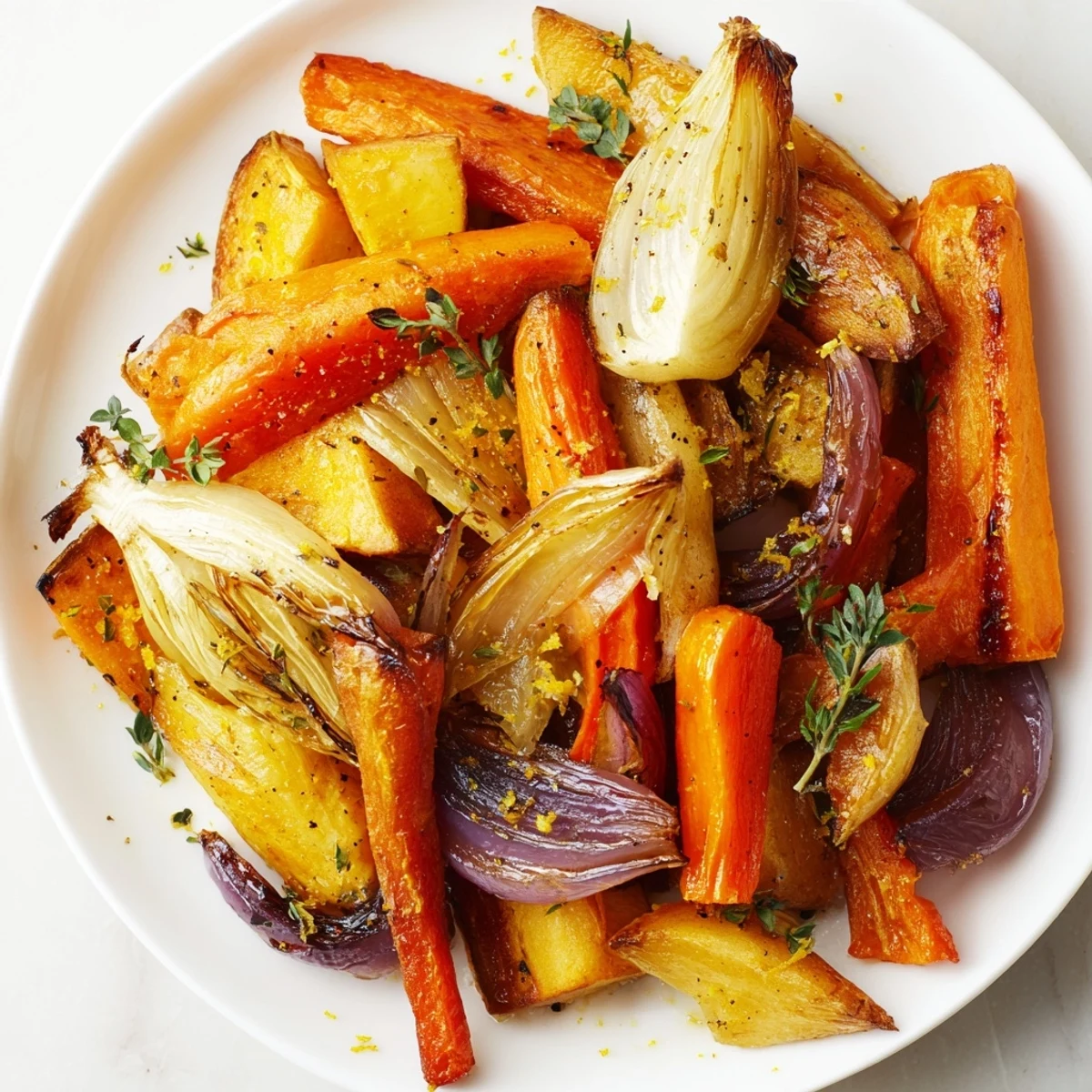 Roasted Roots with Thyme served hot from the oven, garnished with fresh parsley and lemon zest.