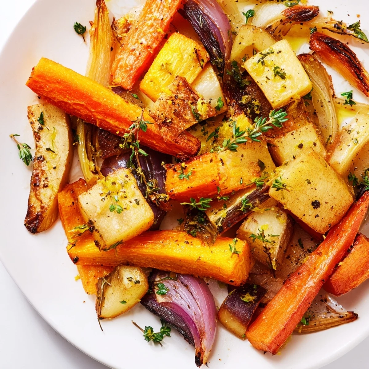 Caramelized Roasted Roots with thyme, carrots and sweet potatoes, ideal for a vegetarian dinner side.